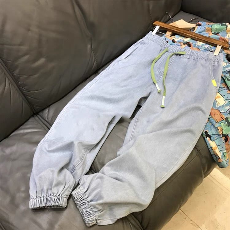 冰氧吧牛仔裤凉感冰氧吧梨形身材巨遮胯显瘦水洗浅蓝色休闲束口牛仔裤