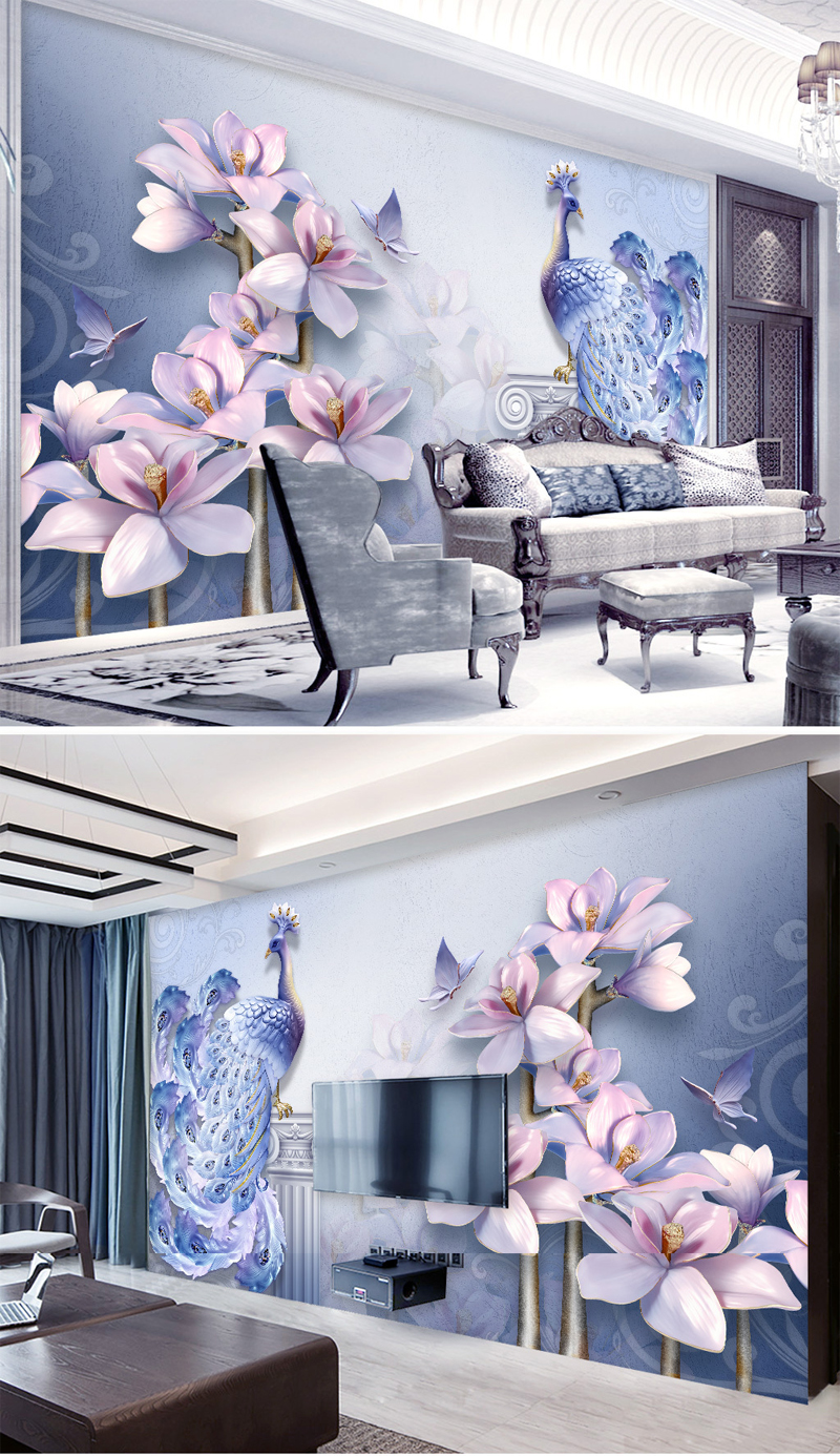 多美莱8d家和富贵孔雀壁纸无缝整张环保客厅壁画凹凸玉兰蝴蝶无缝壁布