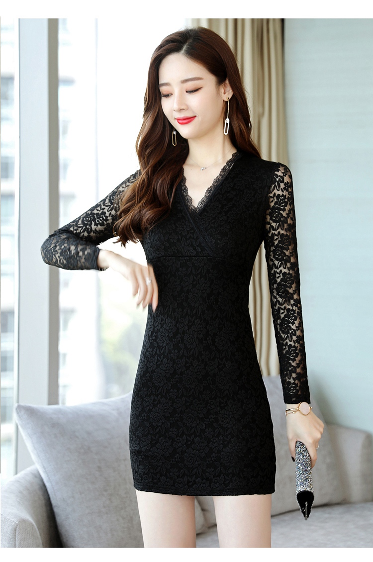 打底裙女士气质领包臀长袖镂空蕾丝连衣裙2020秋冬 黑色【加绒版】 s