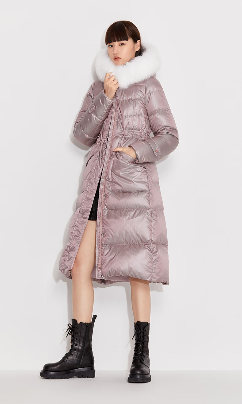 ochirly欧时力新款冬装狐狸毛领中长亮面服大衣女烟灰紫750s