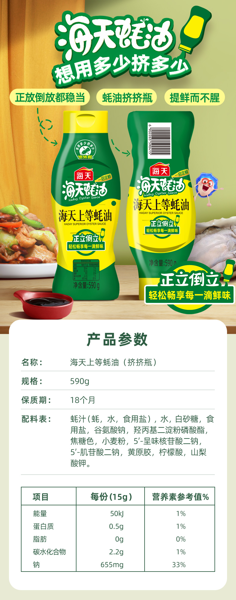 海天上等蚝油590g2瓶挤挤装海鲜蚝汁提鲜增味点蘸拌馅炒菜烹饪1180g