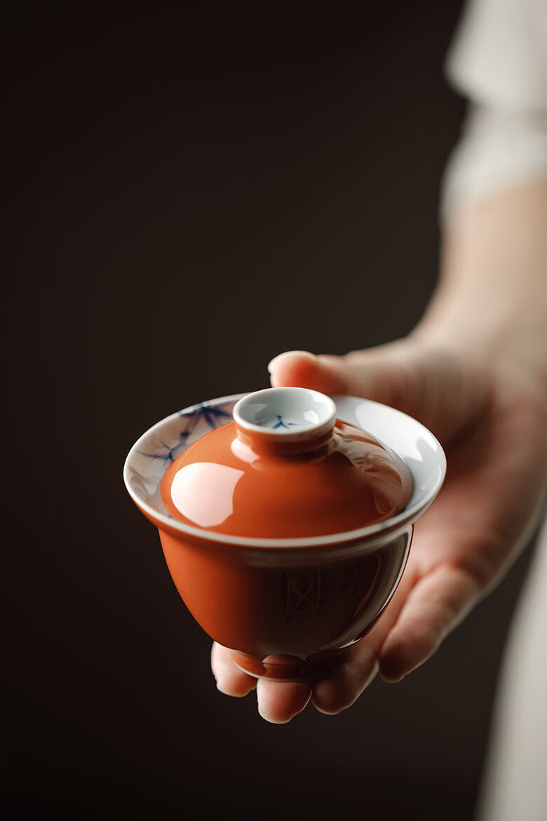 fw束刻新品矾红手绘隐竹致远陶瓷功夫茶具茶杯品茗杯青花手绘盖碗茶盏