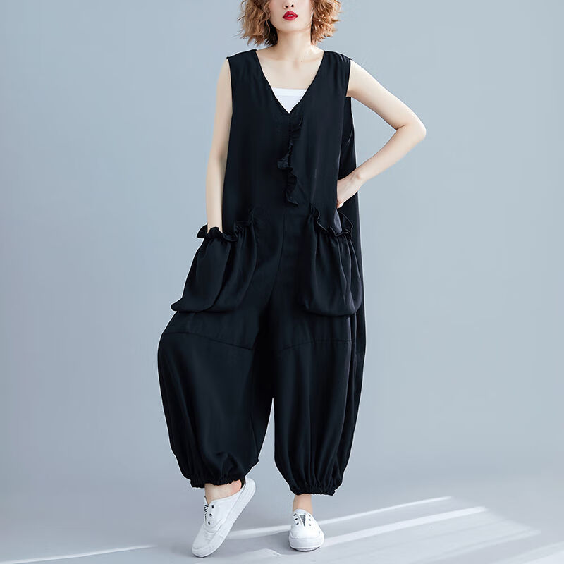 连体裤女无袖背心夏季大码胖妹妹宽松显瘦潮黑色大码均码建议100180斤