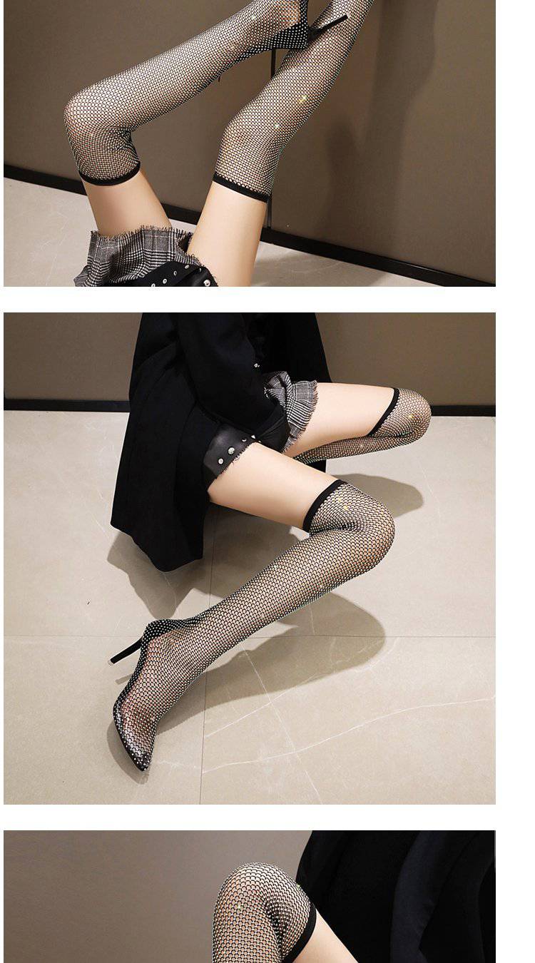 网红款blingbling水钻过膝长靴镂空渔网靴时尚细跟高跟鞋ins女鞋 黑色
