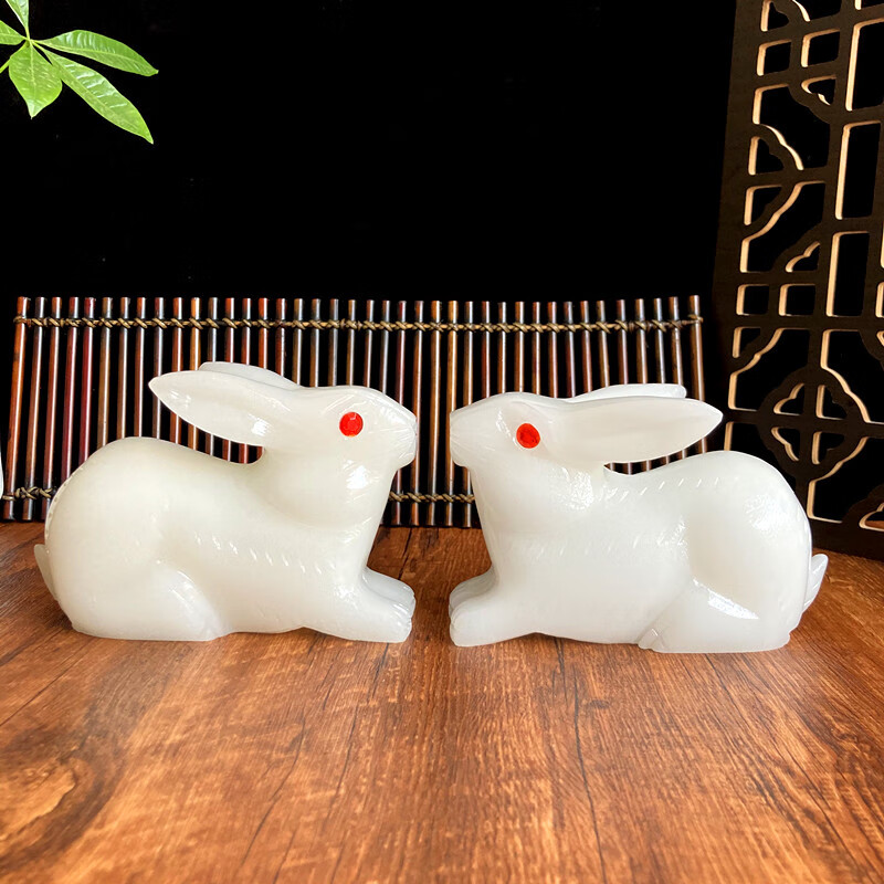 生肖兔玄关酒柜装饰家居吉祥物大号手工雕刻 长15厘米玉兔单只【图片