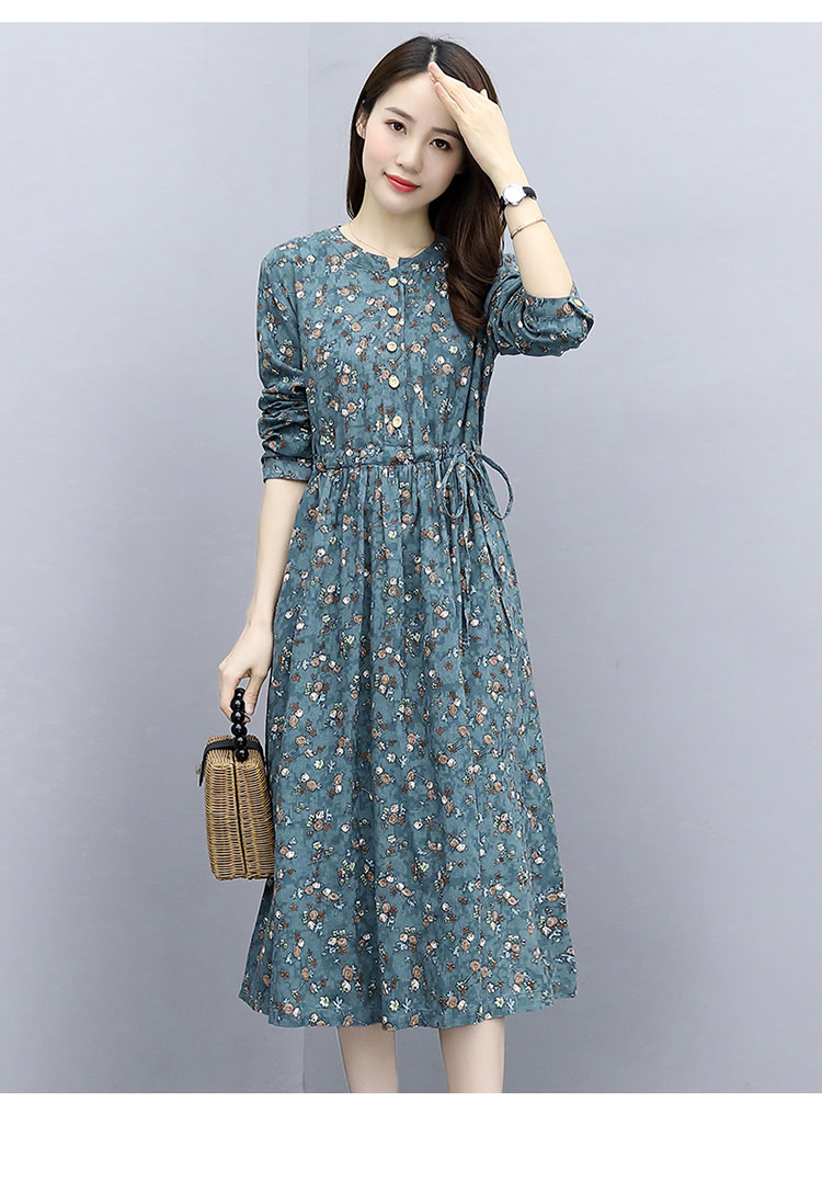 品牌复古棉麻连衣裙2020年新款显瘦减龄洋气时尚气质春秋休闲碎花裙子