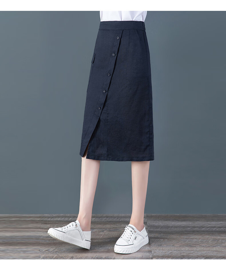 新品棉麻直筒裙半身裙亚麻女夏季2020薄款宽松中长款过膝开叉休闲裙子