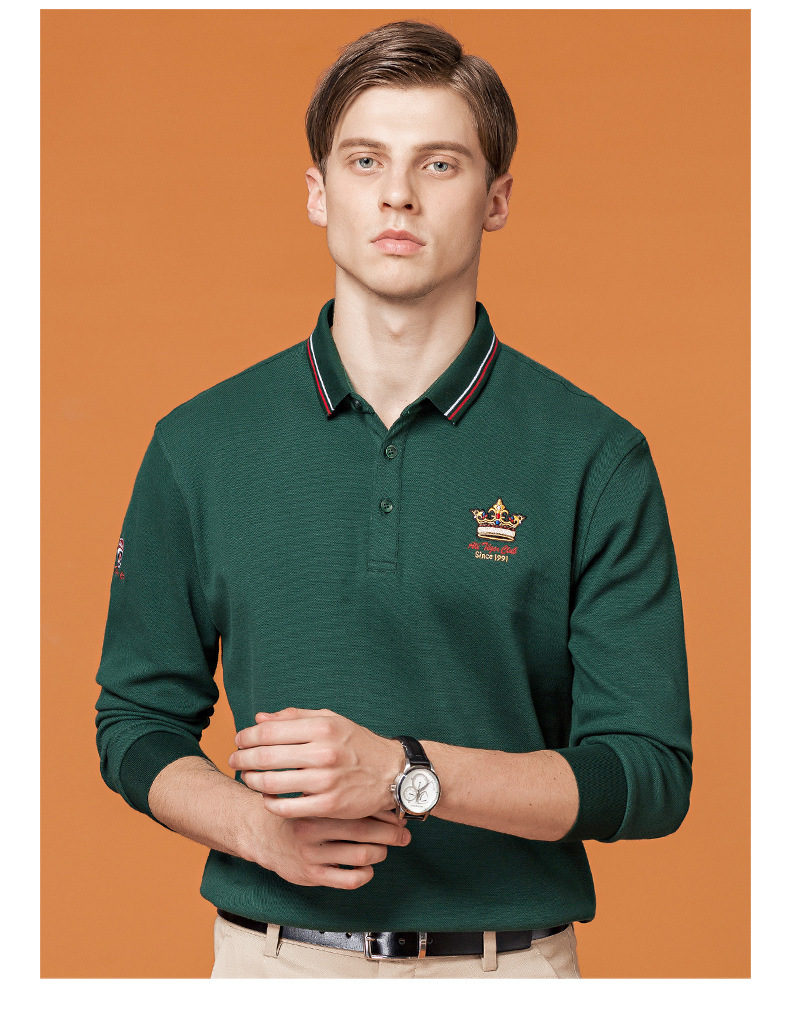 保罗骑士长袖polo衫男2020秋季新款商务休闲皇冠刺绣t恤男纯色韩版