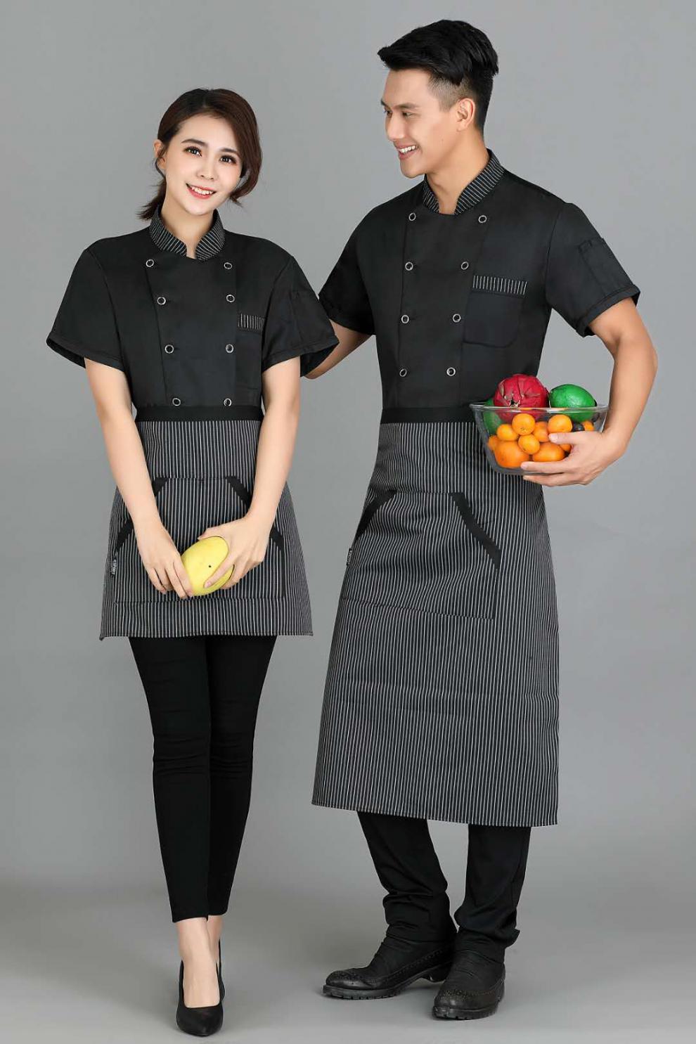 迪牧欧厨师服短袖黑色条纹领后背加网透气夏季时尚厨房帮工后厨均可