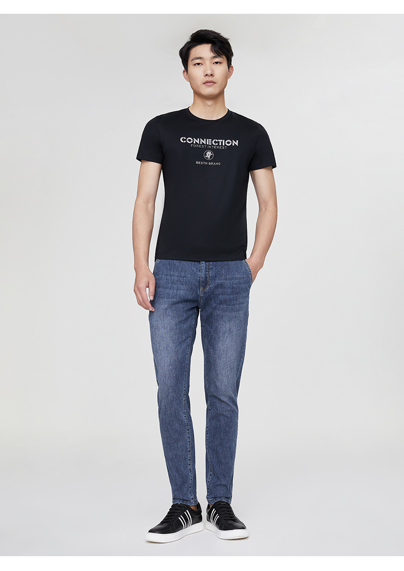 商场同款百斯盾修身短袖t恤男装2022春夏新款潮流时尚上衣黑色4817092