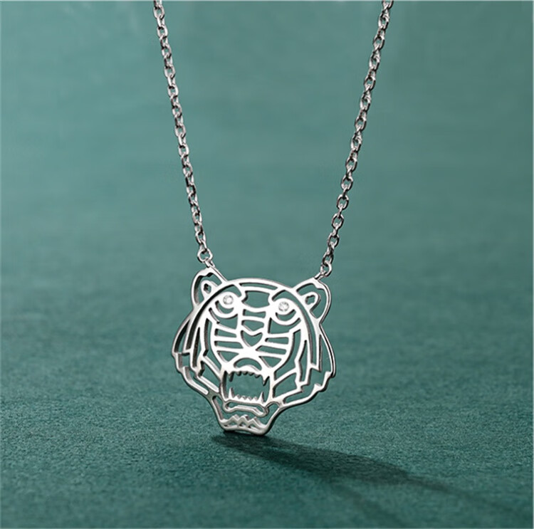 虎年礼物925银生肖老虎老虎头吊坠项链挂件饰品男女同款老虎虎头项链