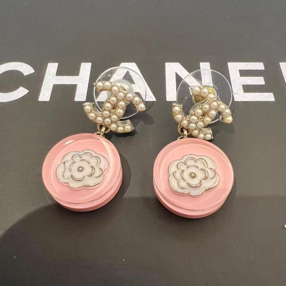 正品中检chanel香奈儿女耳钉珍珠双c粉色山茶花耳钉耳环