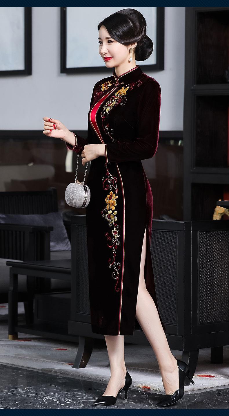秋冬季妈妈装金丝绒刺绣旗袍婚礼服保暖长款大码裙子女酒红色m酒红