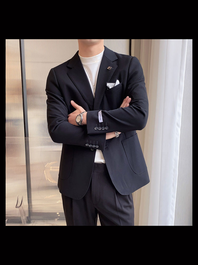 啄木鸟秋冬季男装套装白色西装套装男雅痞英伦新郎结婚礼服休闲发型师