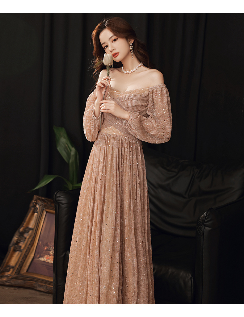 成人礼礼服女学生年会晚礼服2022新款春季宴会气质长款连衣裙长袖豆沙