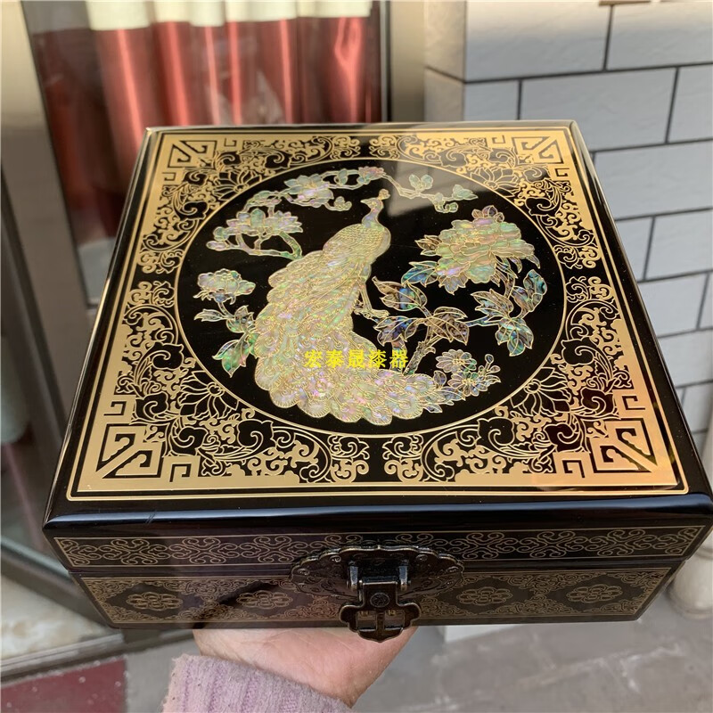 平遥推光漆器首饰盒木质中国风平遥推光漆器掐铜丝镶嵌鲍鱼贝壳珠宝