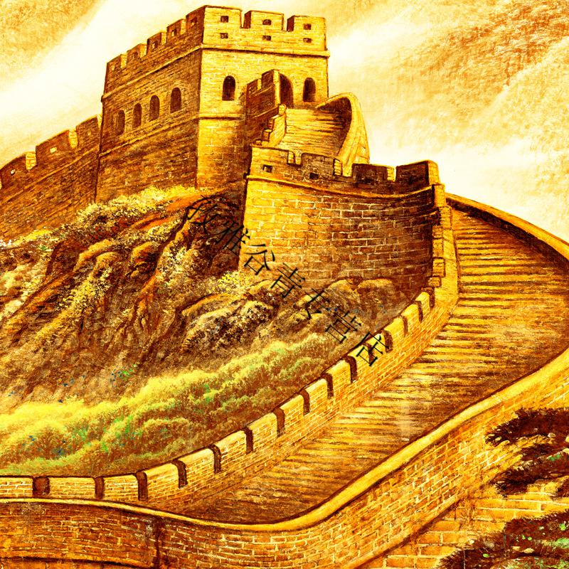 金色万里长城卷轴画中式靠山图装饰画办公室客厅丝绸 金黄色-c 成品90
