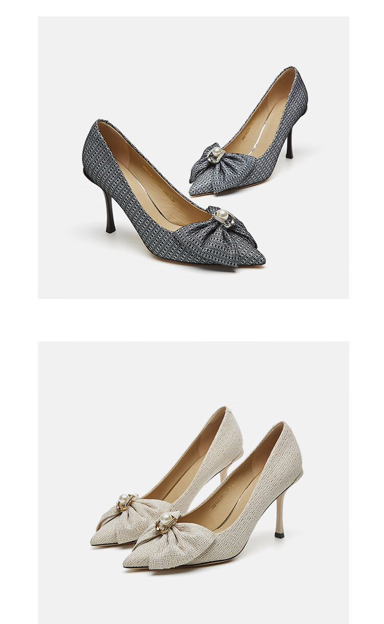 hr赫莲娜高跟鞋女新款百搭时尚法式优雅蝴蝶结浅口细跟尖头单鞋女黑色