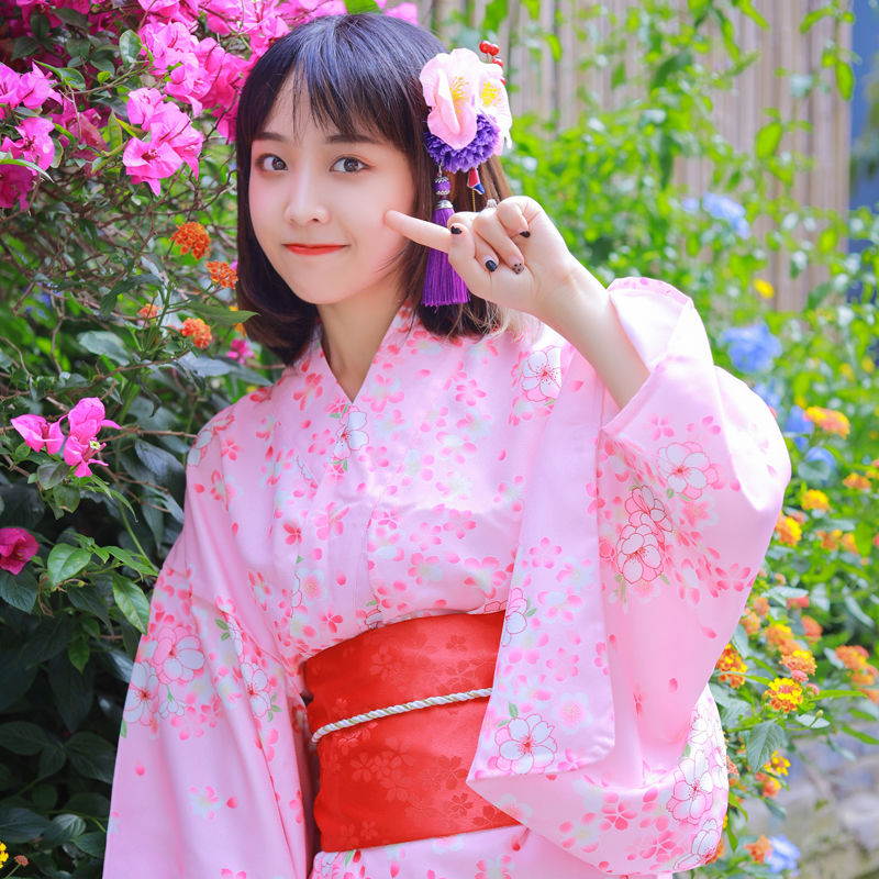 璨玥日本和服女传统改良便穿抗皱免熨烫正装和服粉红色和服绑带带蒂