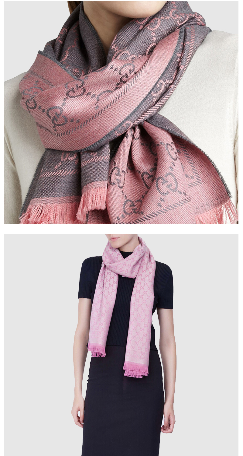 买手代购gucci古驰围巾女士经典款粉色双g双面用流苏饰边针织羊毛围巾