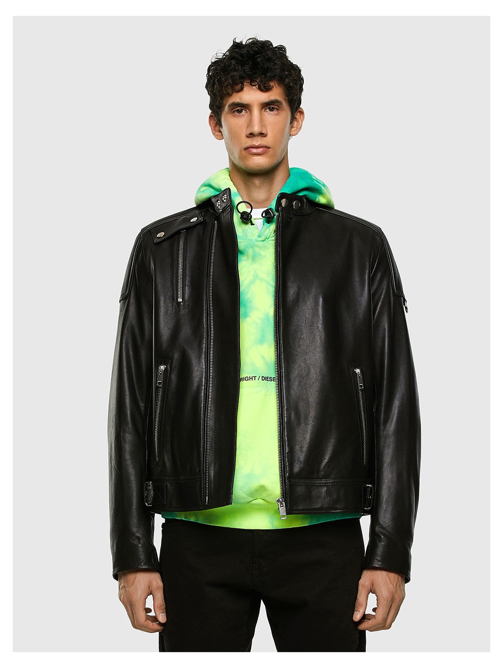 diesel迪赛男士羊皮机车夹克皮衣外套a000390kazc9xx黑色s