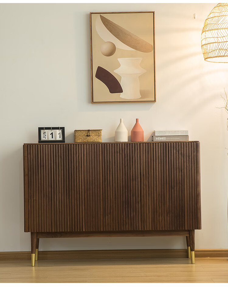 鞋柜实木北欧格栅轻奢简约黑胡桃木玄关柜收纳隔断入户储物餐边柜北美