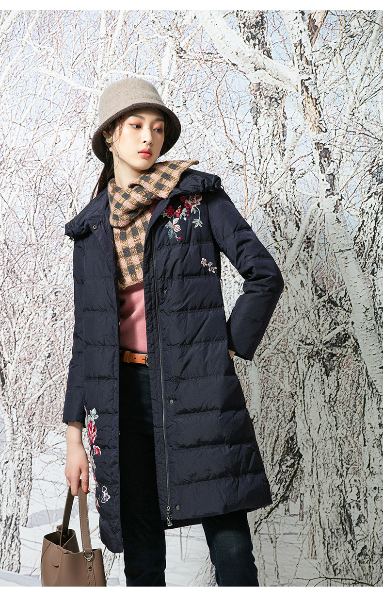 渔牌羽绒服2020年新款女冬白鸭绒中长款女士羽绒外套 深蓝 180/96a