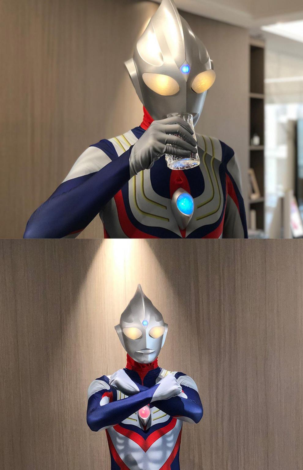 迪迦奥特曼皮套头套紧身衣服服装头盔cos男孩儿童真人5d发光头盔s