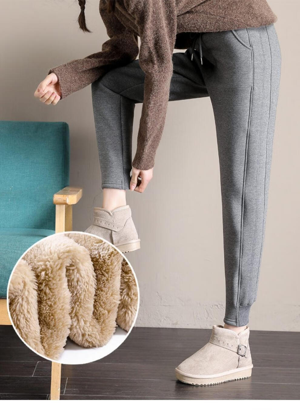 aoho加绒加厚裤子女秋冬2021新款羊羔绒休闲哈伦宽松卫裤外穿运动裤cm