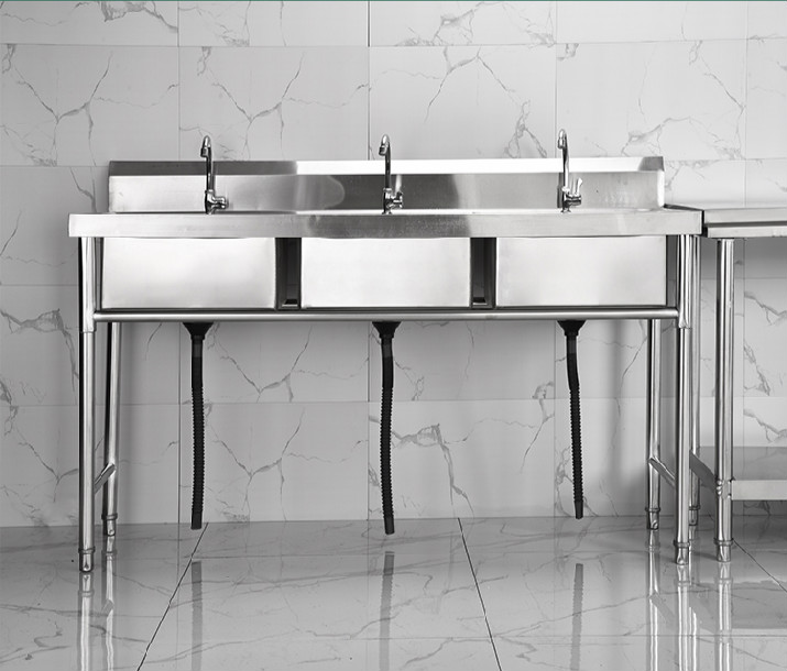 饭店后厨三星水池落地304不锈钢三连水槽商用三联水池三眼洗菜盆07mm