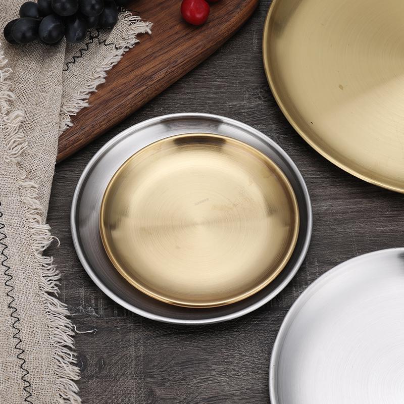 不锈钢圆盘不锈钢浅盘 韩式烤肉盘餐厅金色圆盘小吃蛋糕平盘烧烤 盘子