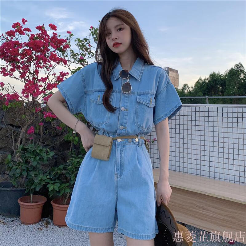 适合微胖女生衣服夏天牛仔连体裤套装短裤工装女感夏季感牛仔蓝l