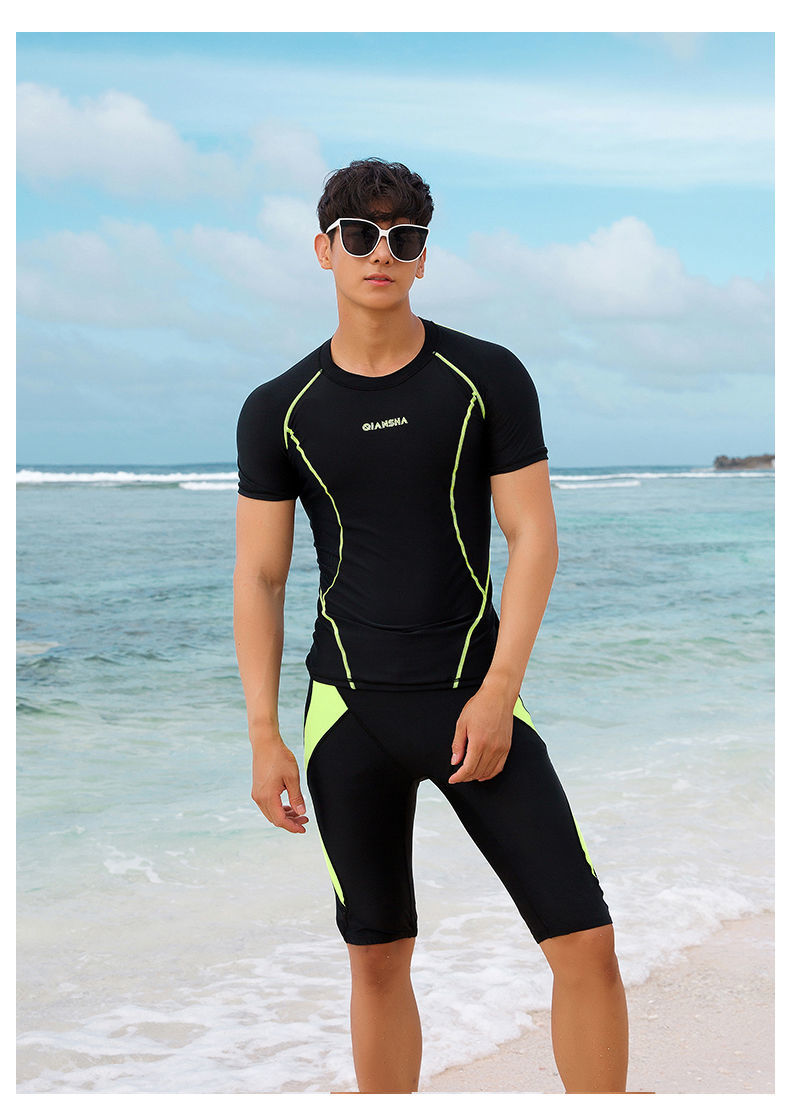 男士分体款泳衣短袖上衣五分泳裤速干大码学生青少年男生游泳衣05深蓝