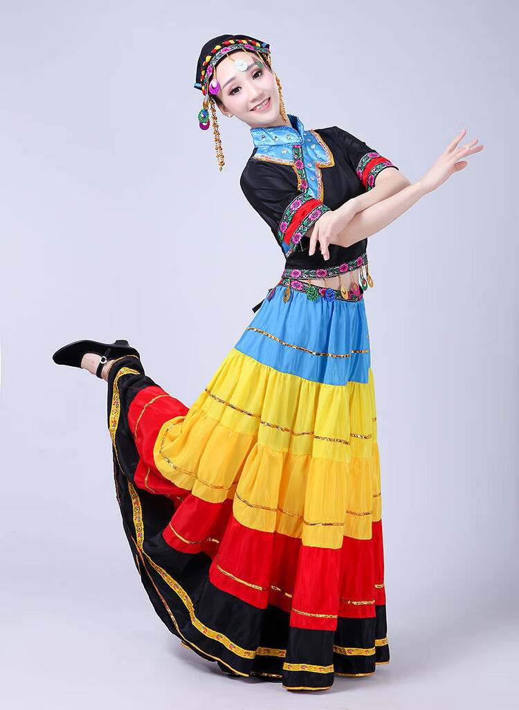 七月火把节民族服饰 新彝族服装女大摆裙七彩衣服凉山舞蹈演出服装