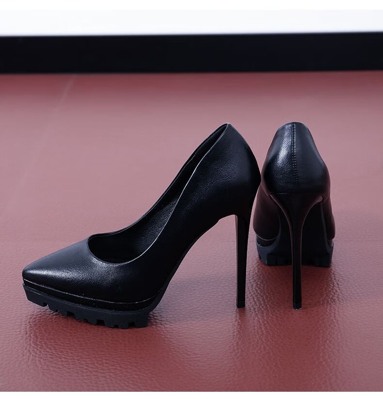 走秀高跟鞋真软皮黑色超高跟鞋女春季细跟尖头防水台12厘米单鞋女