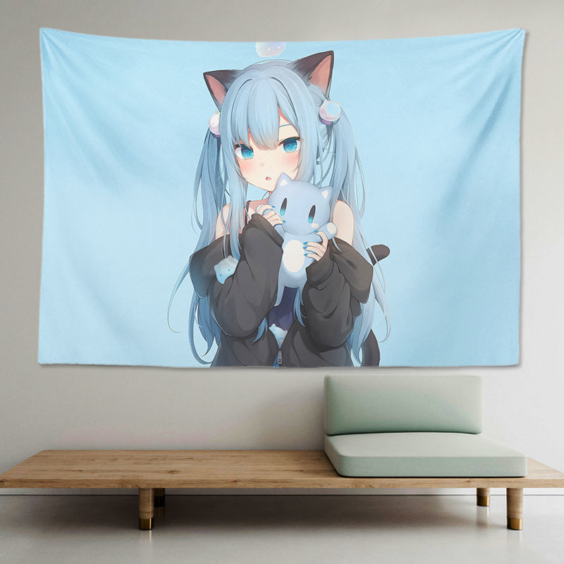 猫羽雫背景布甘城老师原创挂布猫耳女孩猫娘动漫挂毯学生宿舍浅黄色