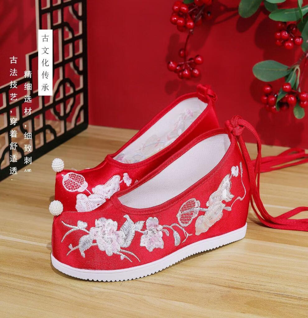 古风汉服鞋汉服鞋子女坡跟内增高翘头弓鞋古风明制绣花鞋高跟秀禾鞋