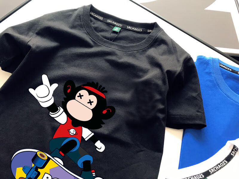 绸画香港潮牌夏季卡通滑板猴印花短袖t恤男女情侣亲子装街头牛角袖t