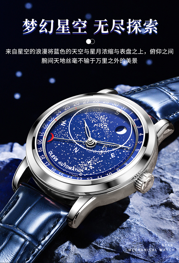 瑞士认证星空手表男机械表全自动感皮带款式防水十大 蓝皮本蓝( )