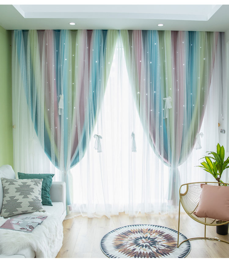 窗帘北欧简约卧室客厅隔热遮光双层抖音星星窗帘网红款粉蓝色定制25宽