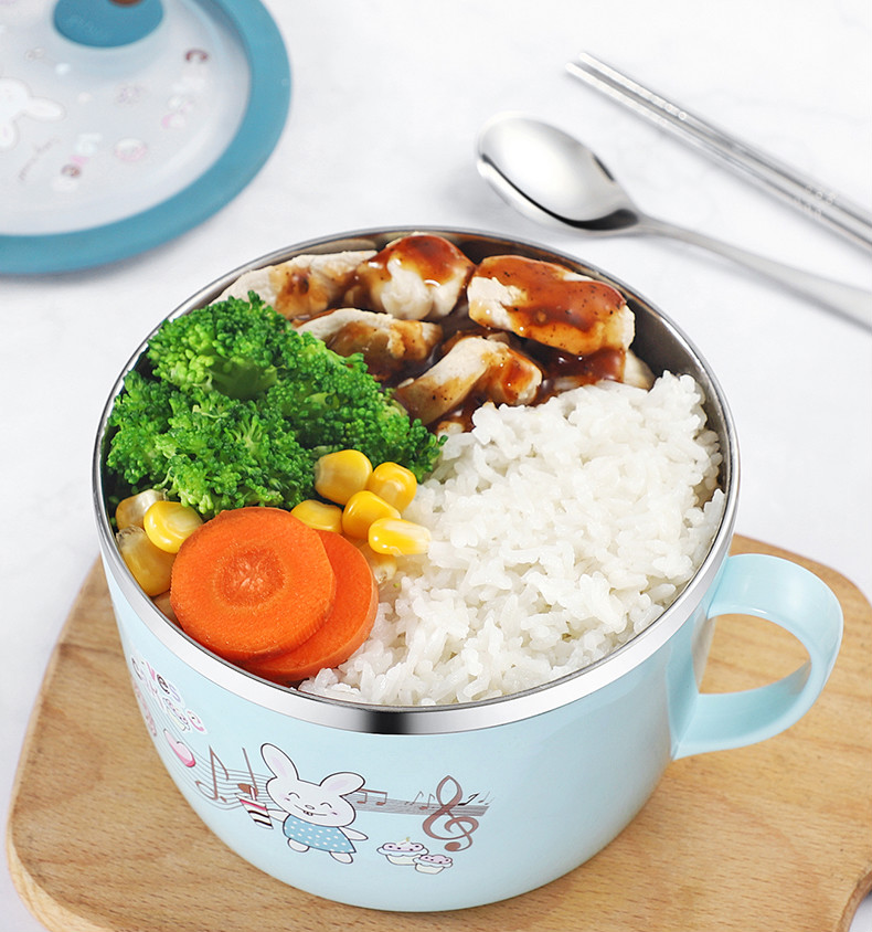 学生食堂打饭饭碗韩式304不锈钢儿童饭碗卡通泡面碗小学生防烫带手柄