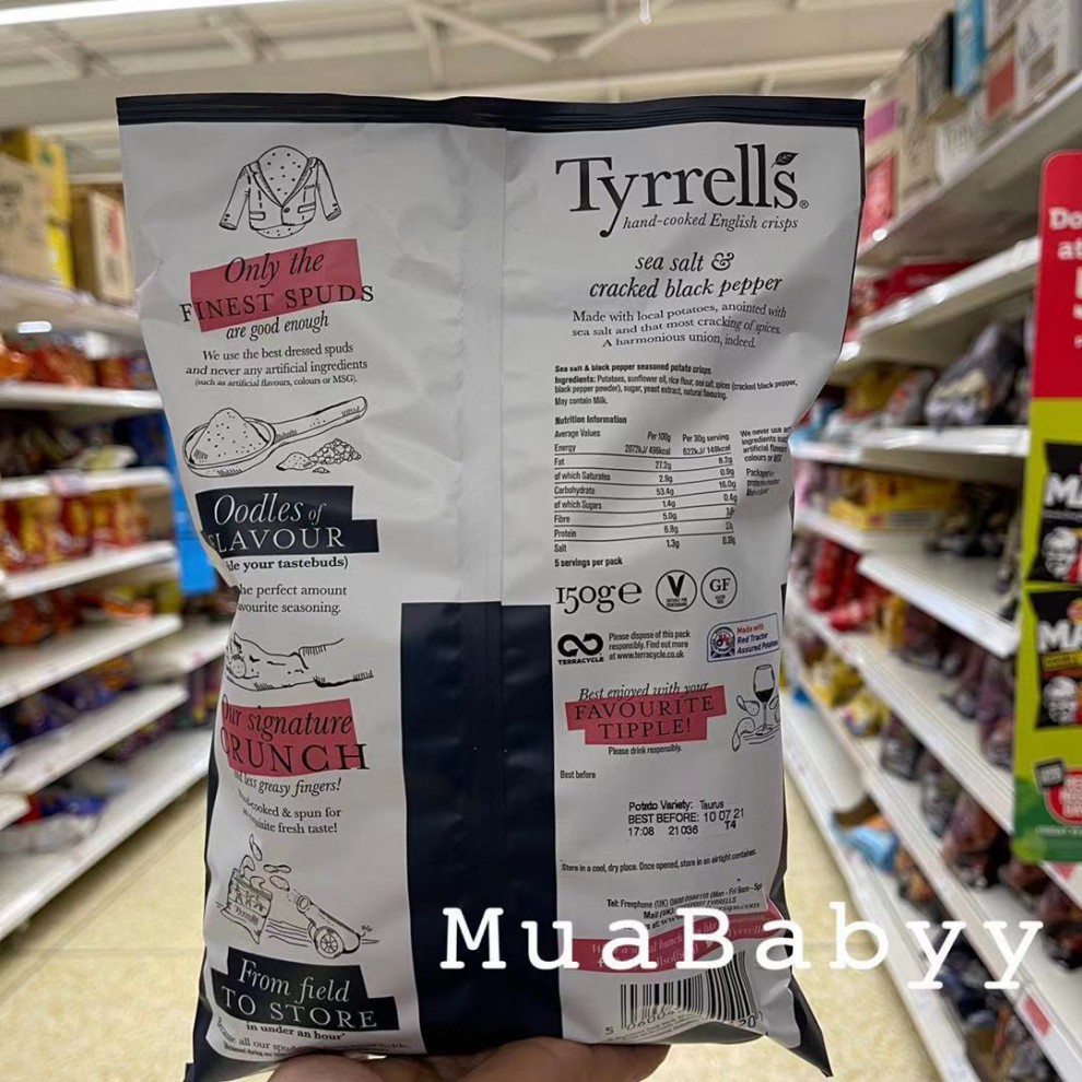 现货英国tyrrells泰瑞甜椒味手工薯片150g装零食盐醋薯片s1盐醋新鲜