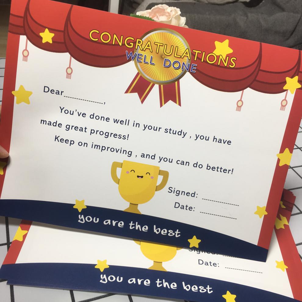 英语奖状小学生儿童创意英文表扬信幼儿园教学奖励证书内芯 乳白色