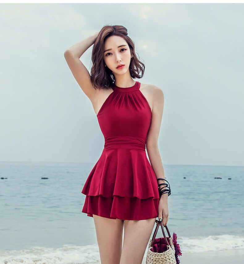 游泳衣连体裙式女士遮肚显瘦性感大小胸保守大码韩国ins温泉泳装 黑色