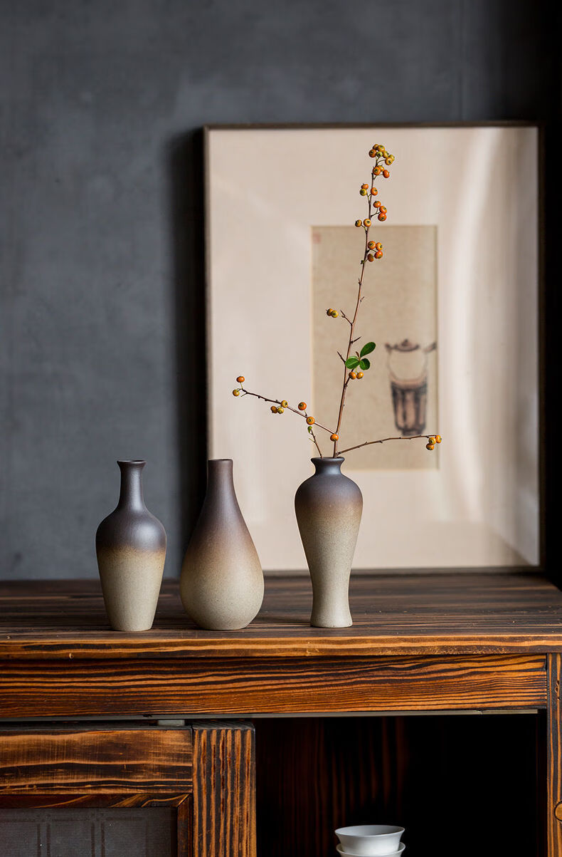 新中式摆件 花瓶插花禅意粗陶花瓶陶瓷仿柴烧装饰客厅摆件器皿创意