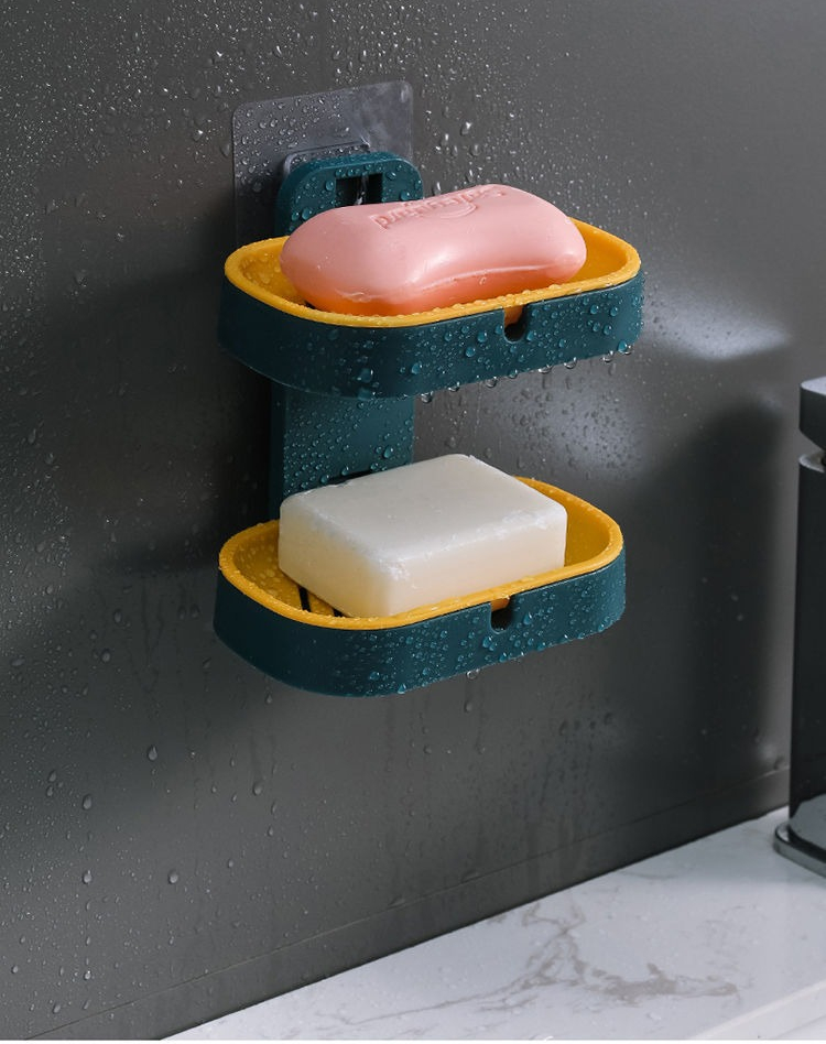 皂盒架子沥水卫生间创意免打孔置物架家用壁挂式双层香皂盒带盖墨绿1