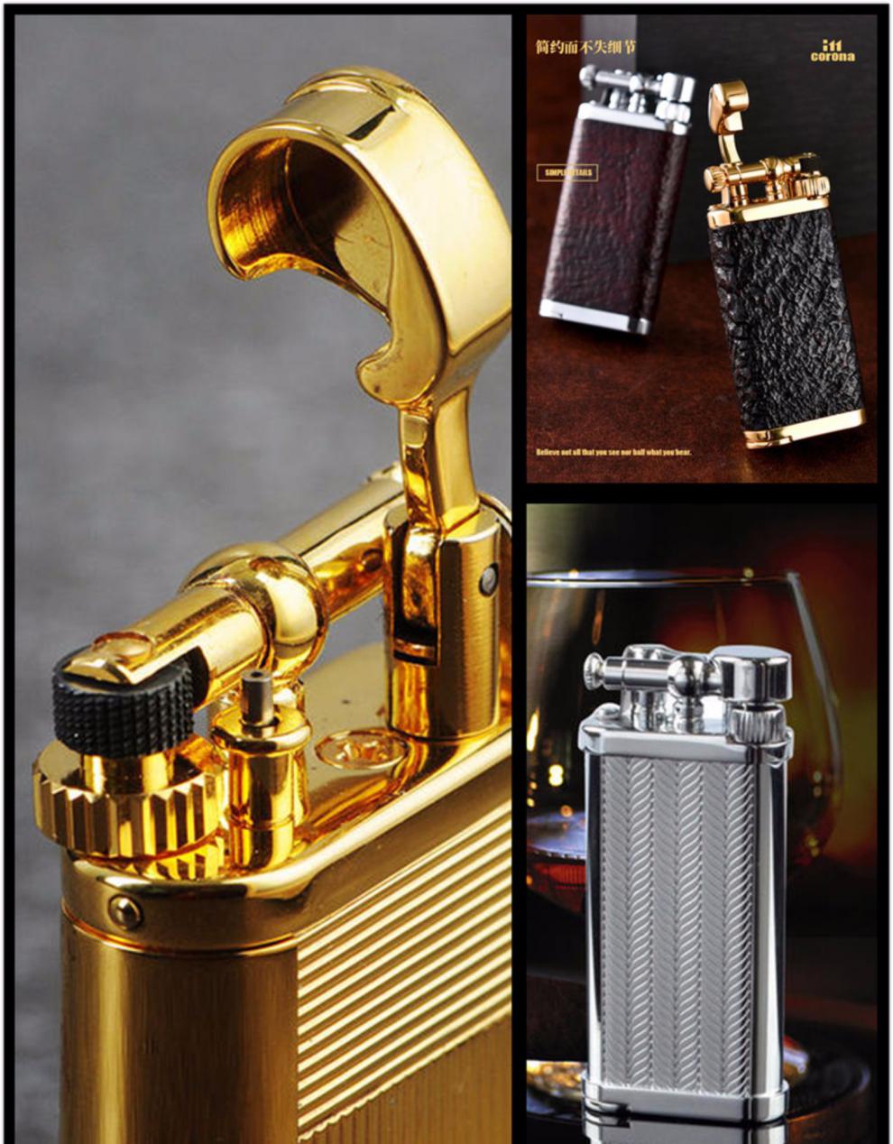 日本皇冠corona进口烟斗打火机老朋友斜火复古 64-9111c 亮银黑漆哑面