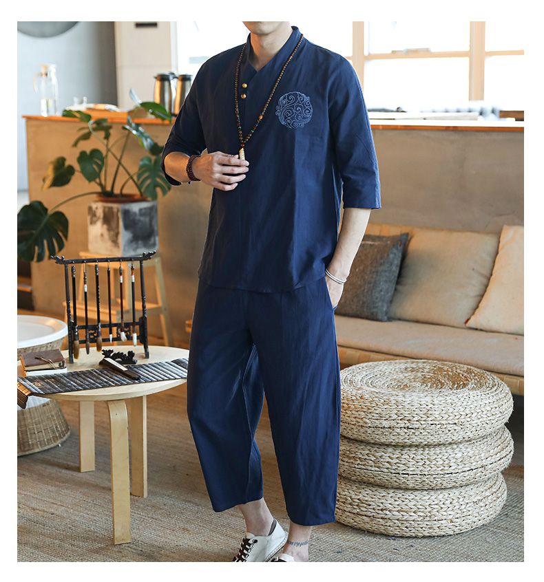 亚麻睡衣春七分袖套装男大码中国风汉服领唐装可外穿睡衣家居服藏青色