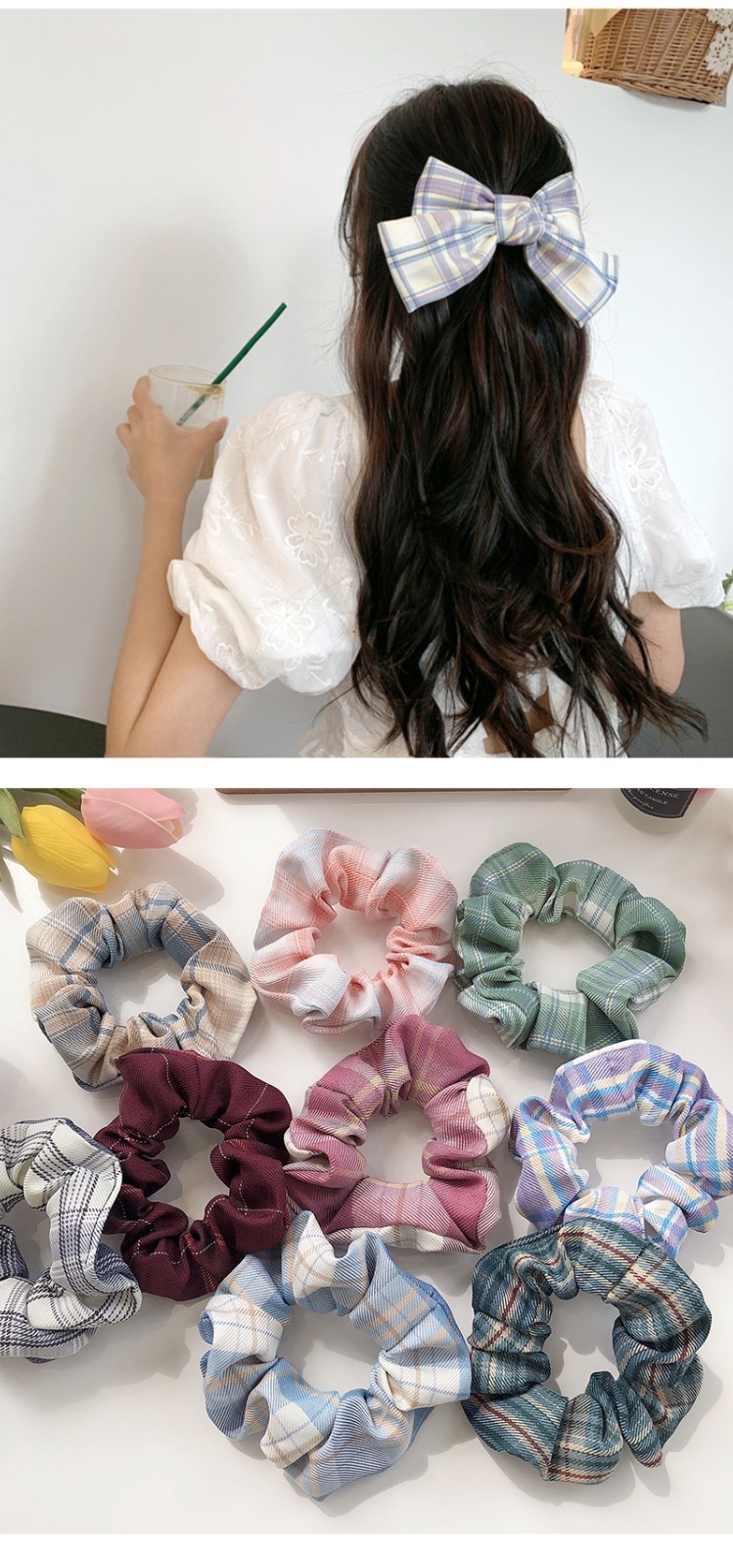 赢夫人jk制服大肠发圈格子大蝴蝶结发夹网红ins猪大肠两件套套装发饰