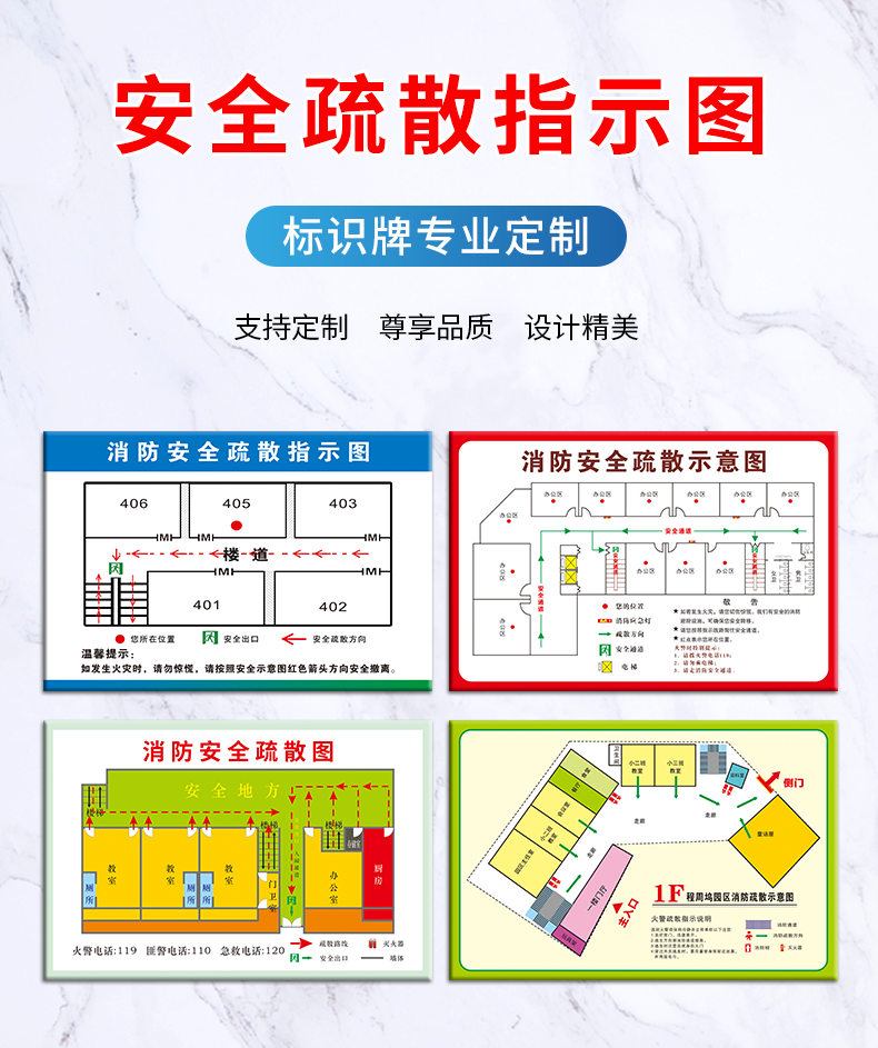 经济疏散图示意图贴纸 公寓酒店ktv医院公司超市疏散图逃生指示图